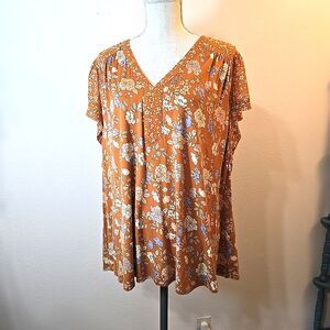 Les Serein Women's Blouse Mixed Fabric Orange Floral Plus Size 2X Angel Sleeve